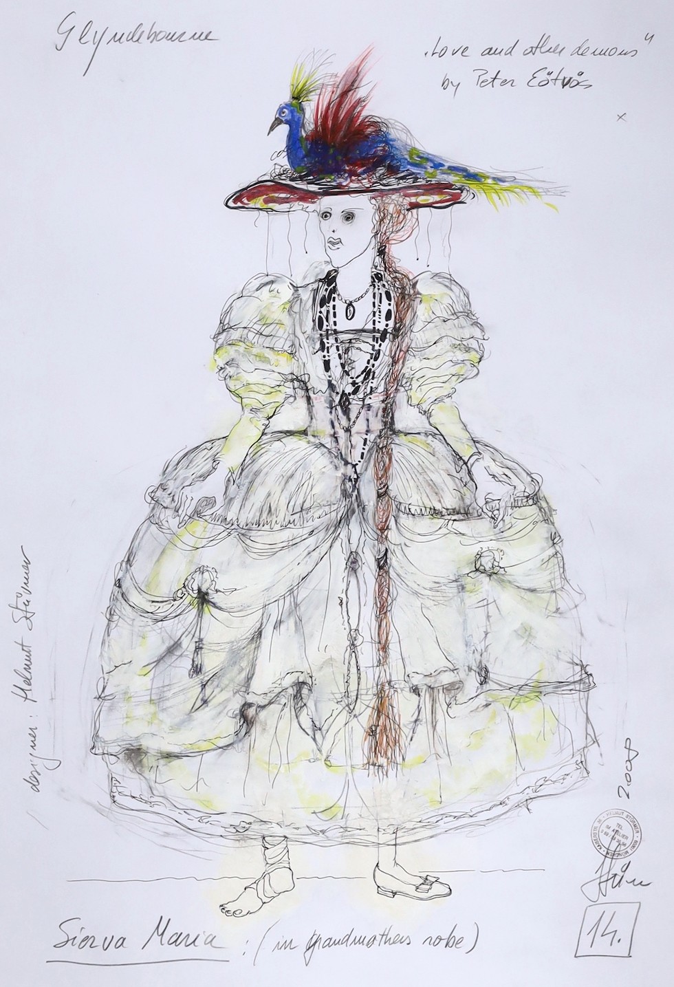 Helmut Sturmer (1942-), mixed media, Costume design, Sierva, Maria in 'Love and other Demons' by Péter Eötvös, Glyndebourne 2008, signed and inscribed 41 x 29cm